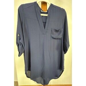 Lush Blouse Women’s Navy Small S 3/4 Sleeve V-Neck High Low Hem Tunic Top